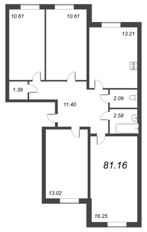 4-комнатная квартира, 81.16 м² в ЖК "Капральский" - планировка, фото №1