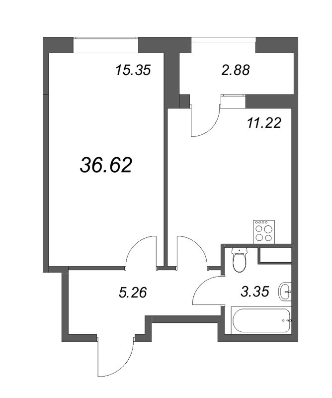 1-комнатная квартира, 36.62 м² - планировка, фото №1