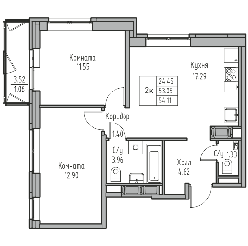 3-комнатная (Евро) квартира, 54.11 м² в ЖК "Юнтолово" - планировка, фото №1