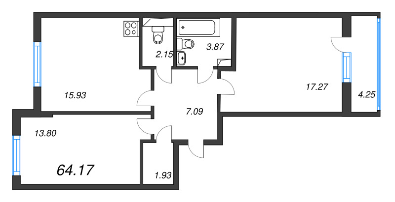 3-комнатная (Евро) квартира, 64.17 м² в ЖК "Кинопарк" - планировка, фото №1