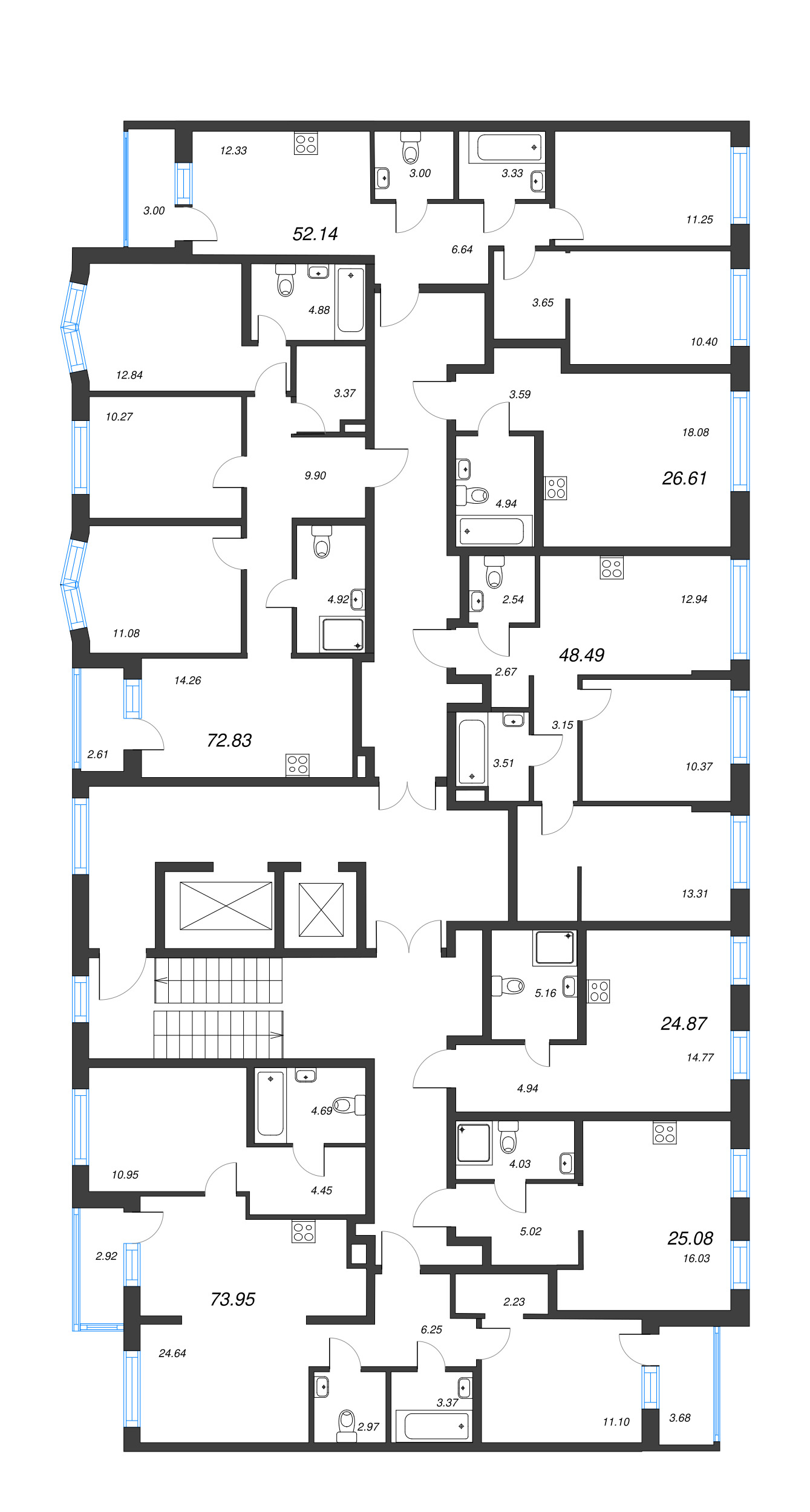 3-комнатная квартира, 72.83 м² - планировка этажа
