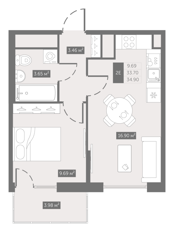 2-комнатная (Евро) квартира, 34.9 м² в ЖК "UP-квартал Новый Московский" - планировка, фото №1