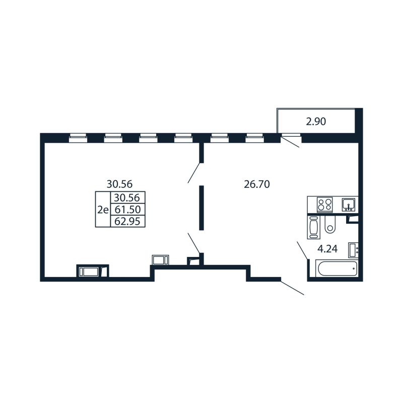 2-комнатная (Евро) квартира, 61.5 м² - планировка, фото №1