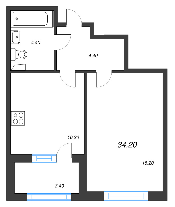 1-комнатная квартира, 34.2 м² - планировка, фото №1