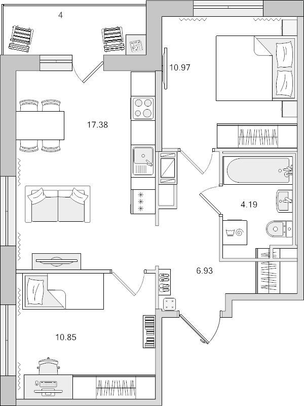 3-комнатная (Евро) квартира, 50.32 м² - планировка, фото №1