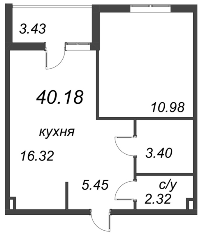 2-комнатная (Евро) квартира, 40.18 м² - планировка, фото №1