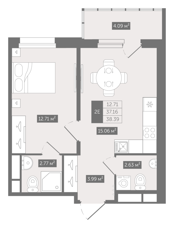 2-комнатная (Евро) квартира, 38.39 м² в ЖК "Квартал «Воронцовский»" - планировка, фото №1
