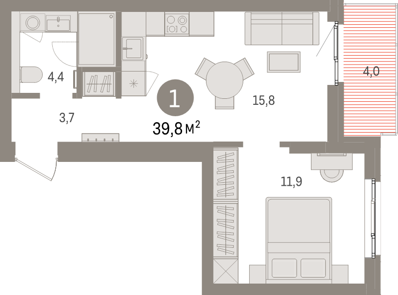 1-комнатная квартира, 39.8 м² - планировка, фото №1