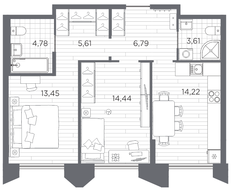 2-комнатная квартира, 62.9 м² в ЖК "Галерная гавань" - планировка, фото №1
