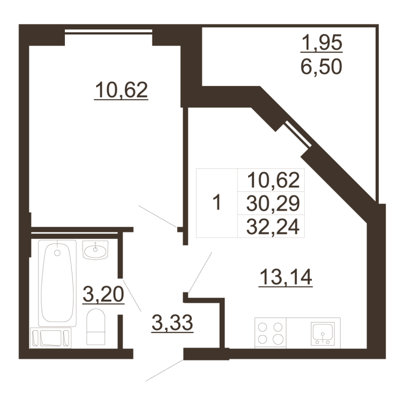 1-комнатная квартира, 32.24 м² - планировка, фото №1