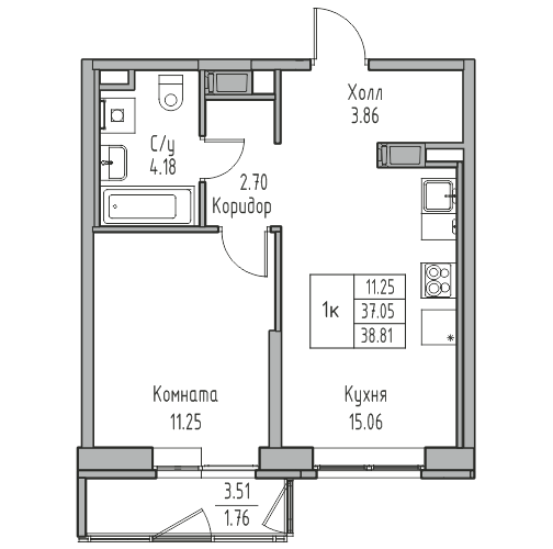 2-комнатная (Евро) квартира, 38.81 м² в ЖК "Юнтолово" - планировка, фото №1