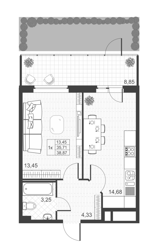 1-комнатная квартира, 38.37 м² в ЖК "Ново-Антропшино" - планировка, фото №1