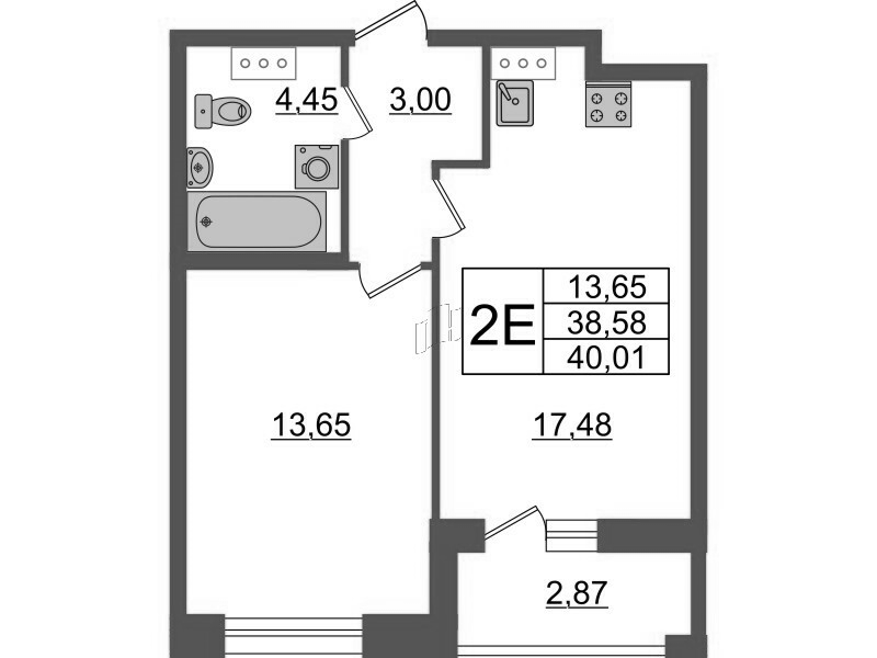 2-комнатная (Евро) квартира, 40.01 м² - планировка, фото №1