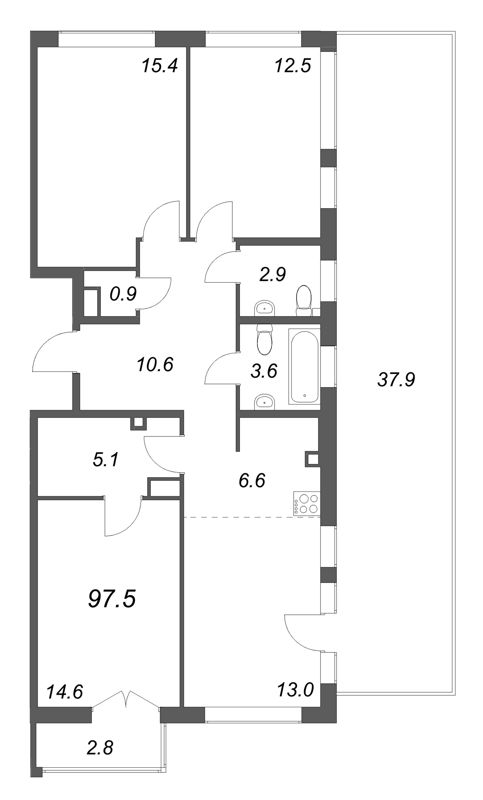 4-комнатная (Евро) квартира, 97.5 м² в ЖК "Кронунг ЮГ" - планировка, фото №1
