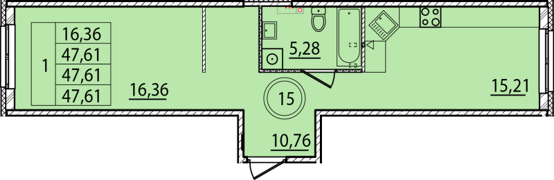 3-комнатная (Евро) квартира, 47.61 м² - планировка, фото №1