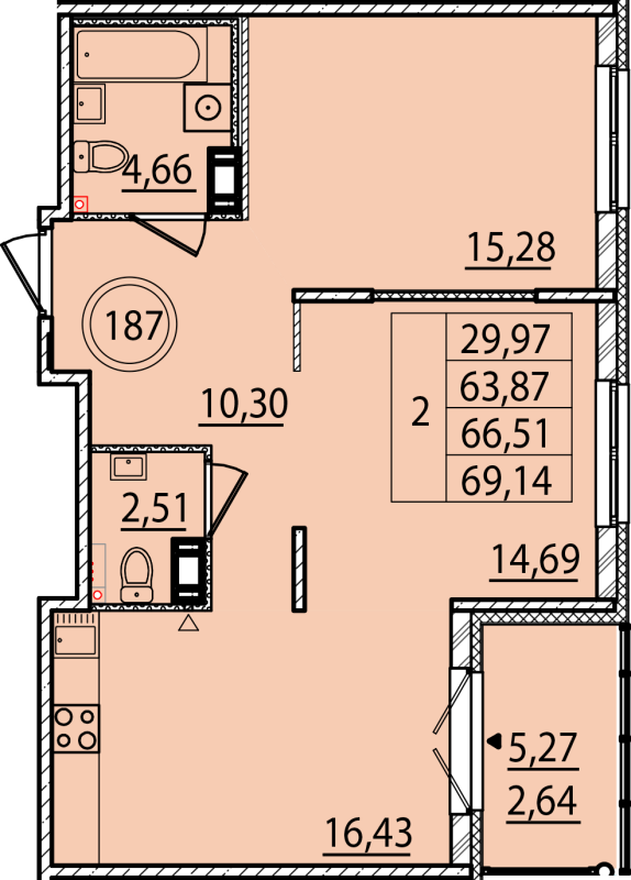 3-комнатная (Евро) квартира, 63.87 м² - планировка, фото №1