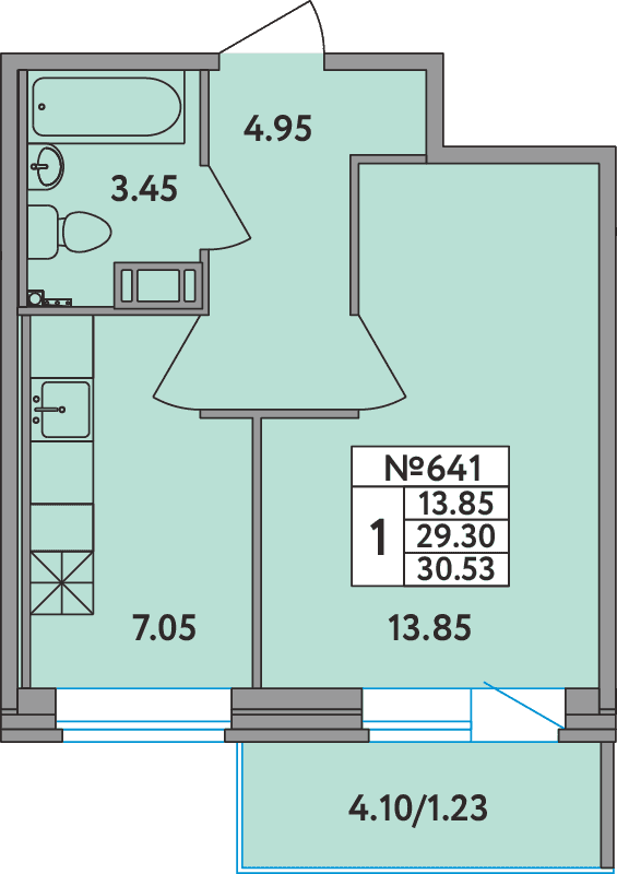 1-комнатная квартира, 30.1 м² в ЖК "Удача (Вита)" - планировка, фото №1