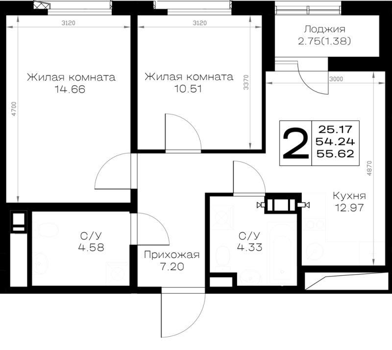 2-комнатная квартира, 55.62 м² в ЖК "Борский" - планировка, фото №1