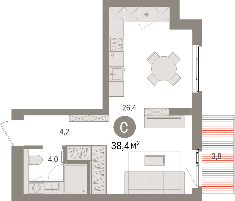Квартира-студия, 38.4 м² в ЖК "Брусника в Новоселье" - планировка, фото №1