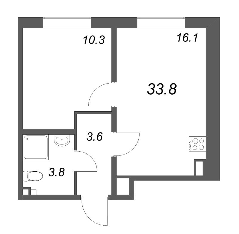 2-комнатная (Евро) квартира, 33.8 м² в ЖК "Пулково Lake" - планировка, фото №1