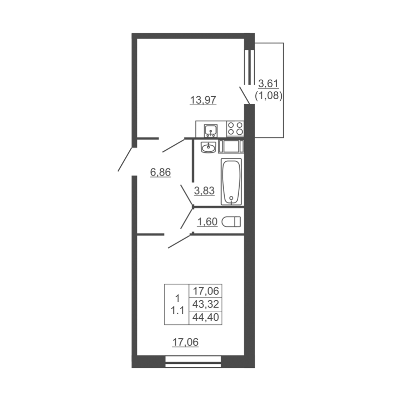 1-комнатная квартира, 44.4 м² в ЖК "Полёт" - планировка, фото №1