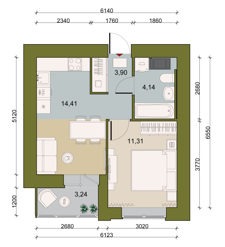 1-комнатная квартира, 35.58 м² в ЖК "Уютный" - планировка, фото №1