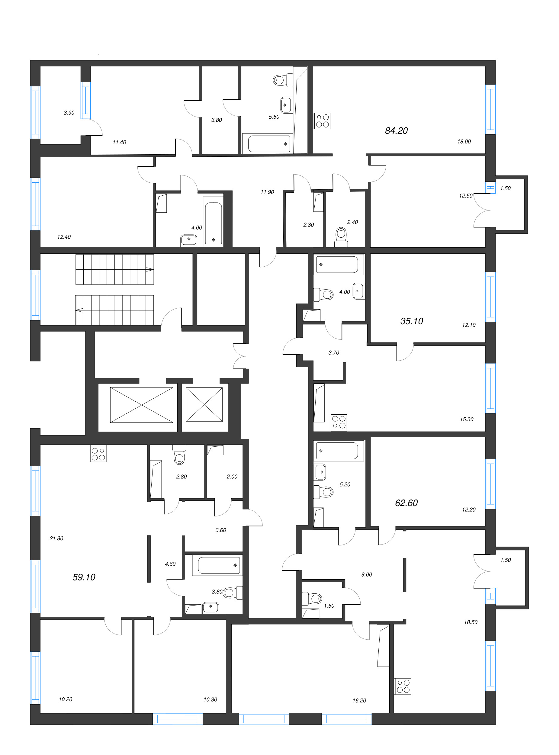 3-комнатная (Евро) квартира, 59.1 м² в ЖК "Струны" - планировка этажа