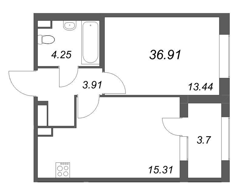 2-комнатная (Евро) квартира, 36.91 м² в ЖК "Дубровский" - планировка, фото №1