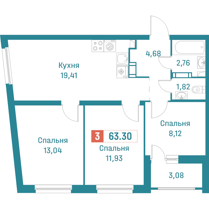 4-комнатная (Евро) квартира, 63.3 м² в ЖК "Графика" - планировка, фото №1