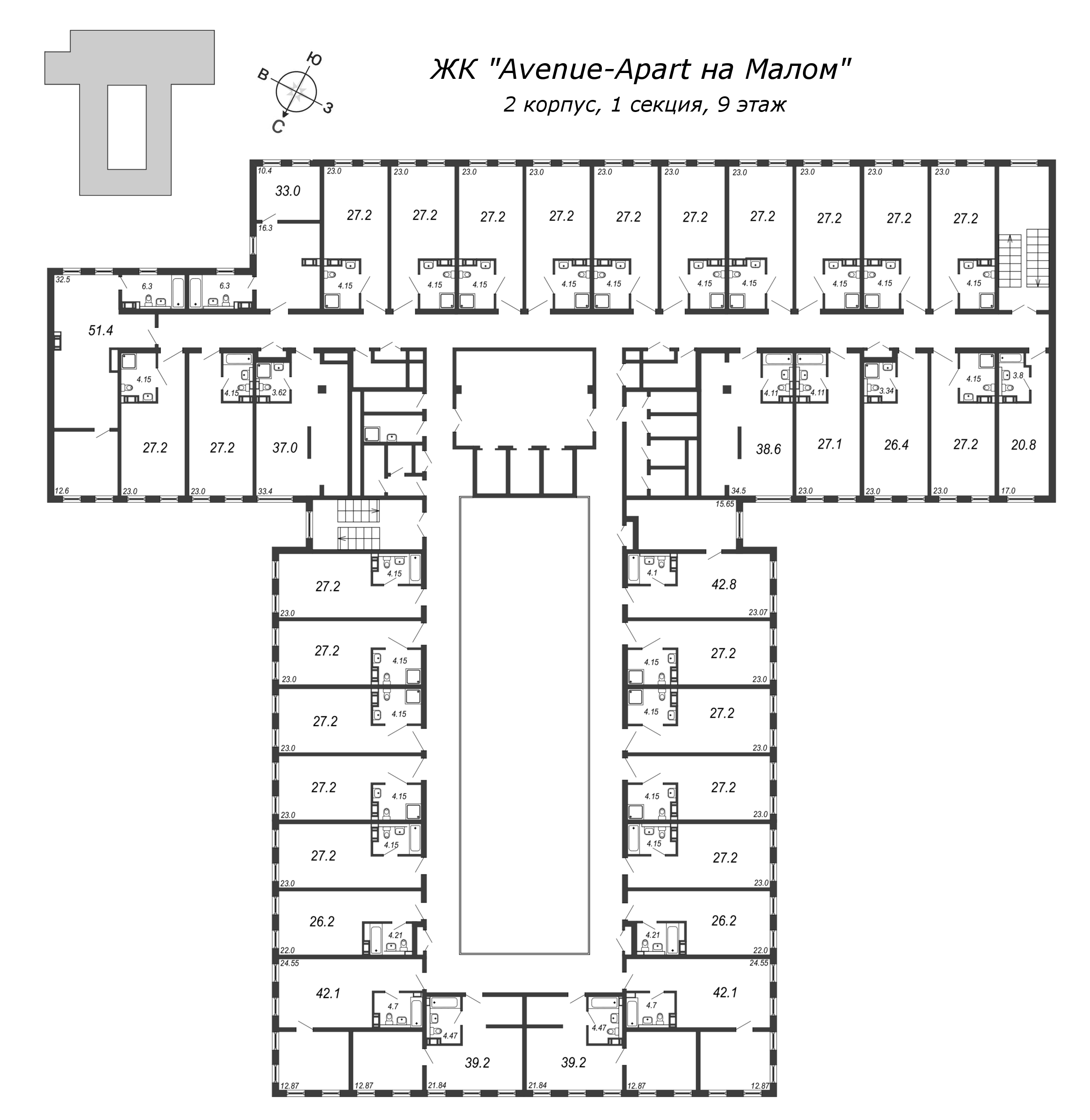 Квартира-студия, 26.3 м² в ЖК "Avenue-Apart на Малом" - планировка этажа