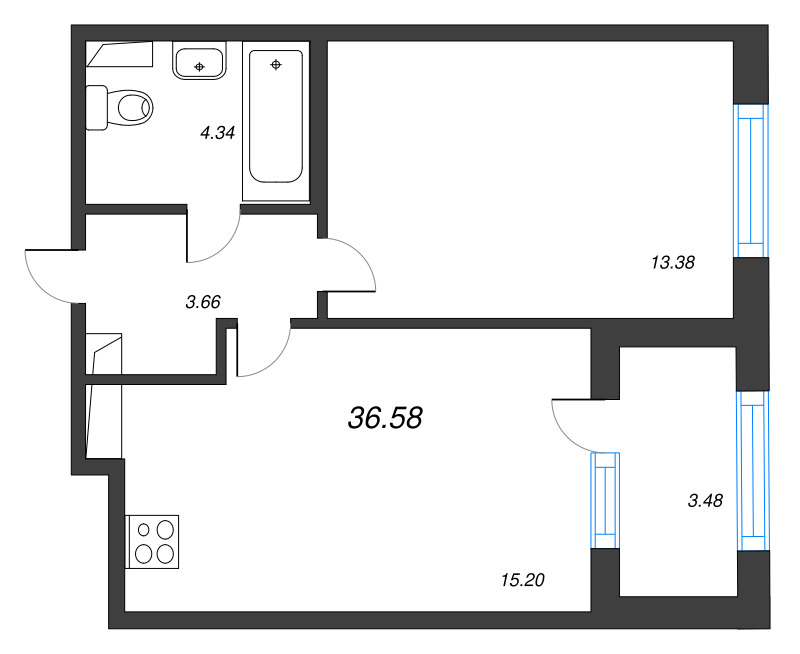 2-комнатная (Евро) квартира, 36.58 м² - планировка, фото №1