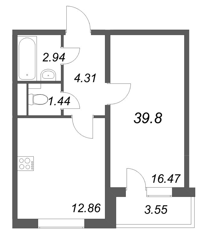 1-комнатная квартира, 39.8 м² в ЖК "АРО" - планировка, фото №1