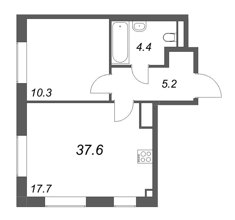 2-комнатная (Евро) квартира, 37.6 м² в ЖК "Большая Охта" - планировка, фото №1