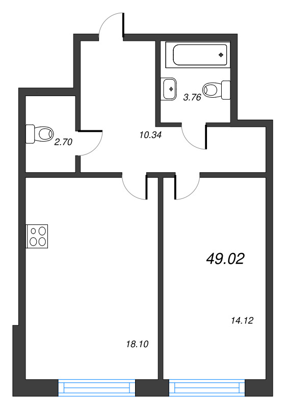 2-комнатная (Евро) квартира, 49.02 м² в ЖК "Чёрная речка" - планировка, фото №1
