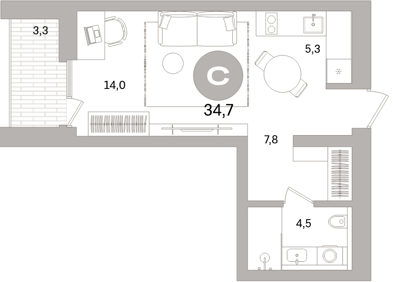 Квартира-студия, 34.7 м² - планировка, фото №1