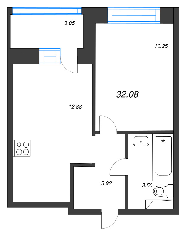 1-комнатная квартира, 32.08 м² в ЖК "Уютный" - планировка, фото №1