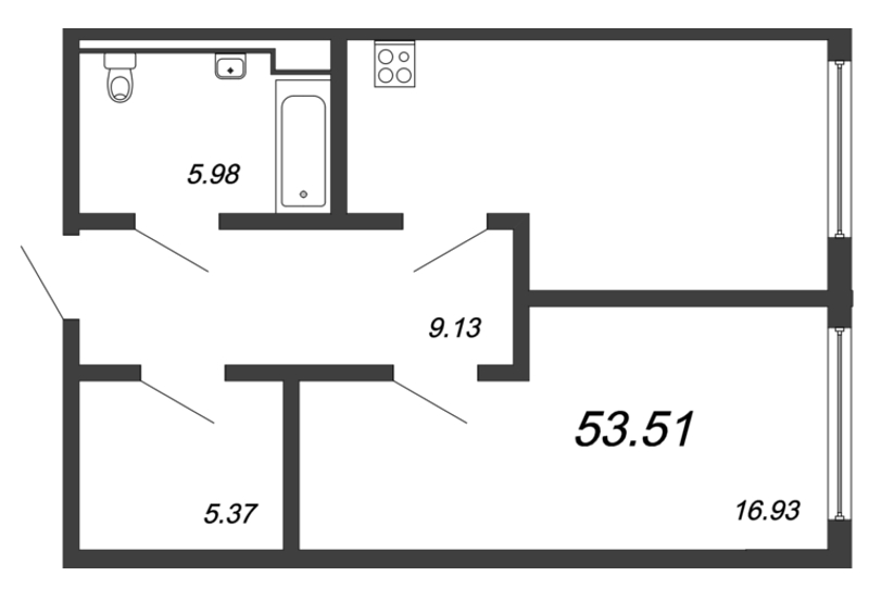 1-комнатная квартира, 52.45 м² в ЖК "Valo" - планировка, фото №1