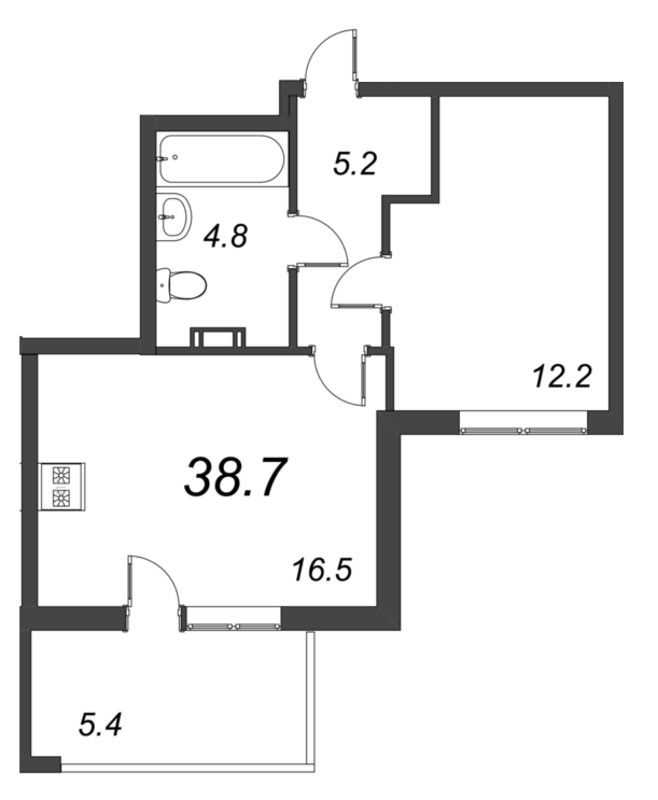 1-комнатная квартира, 39 м² - планировка, фото №1