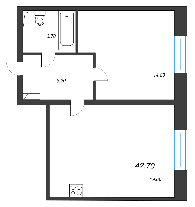 2-комнатная (Евро) квартира, 42.3 м² в ЖК "Neva Haus" - планировка, фото №1