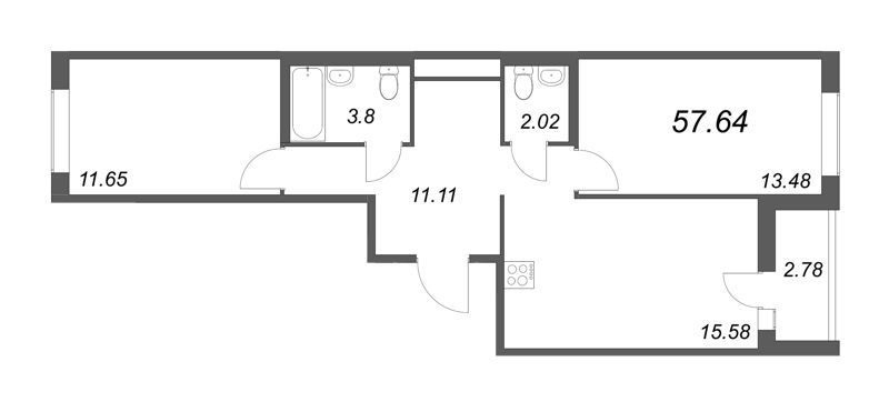 3-комнатная (Евро) квартира, 54.32 м² - планировка, фото №1