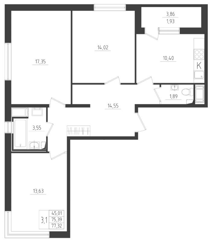 3-комнатная квартира, 77.32 м² - планировка, фото №1