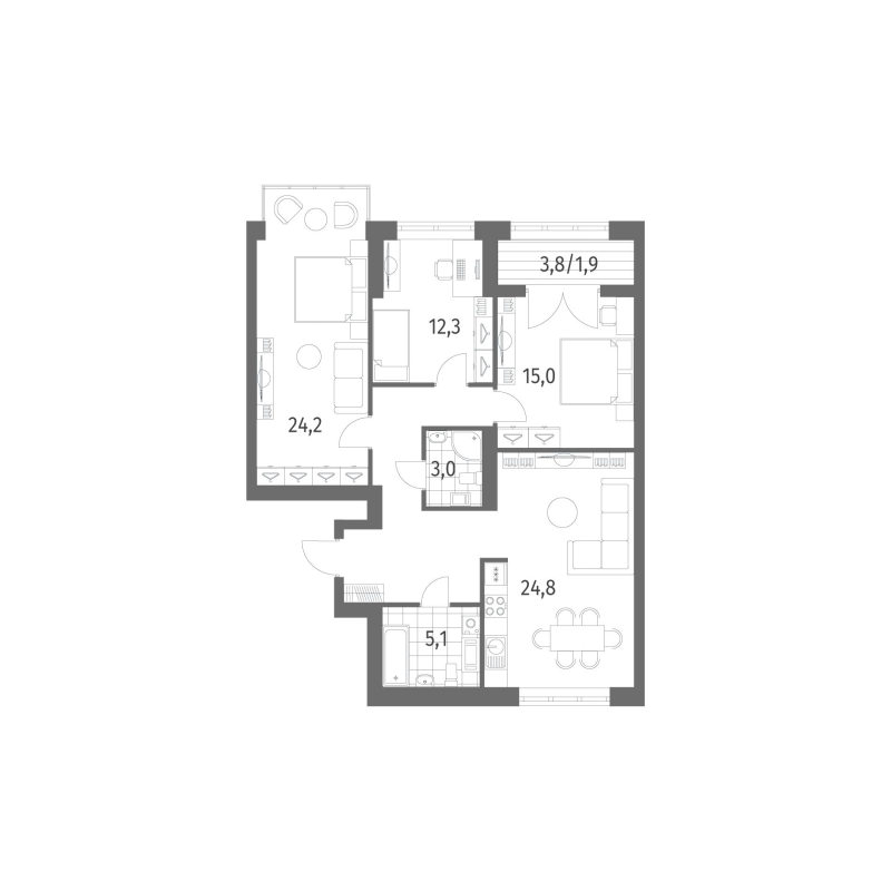 3-комнатная квартира, 101.96 м² - планировка, фото №1