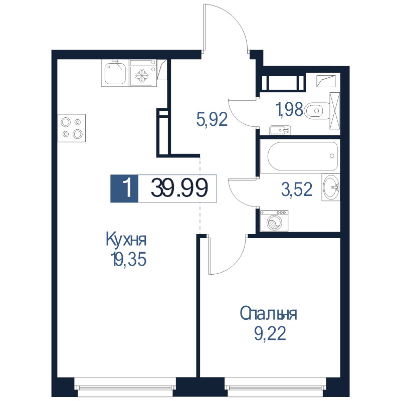 2-комнатная (Евро) квартира, 39.99 м² в ЖК "Максималист" - планировка, фото №1
