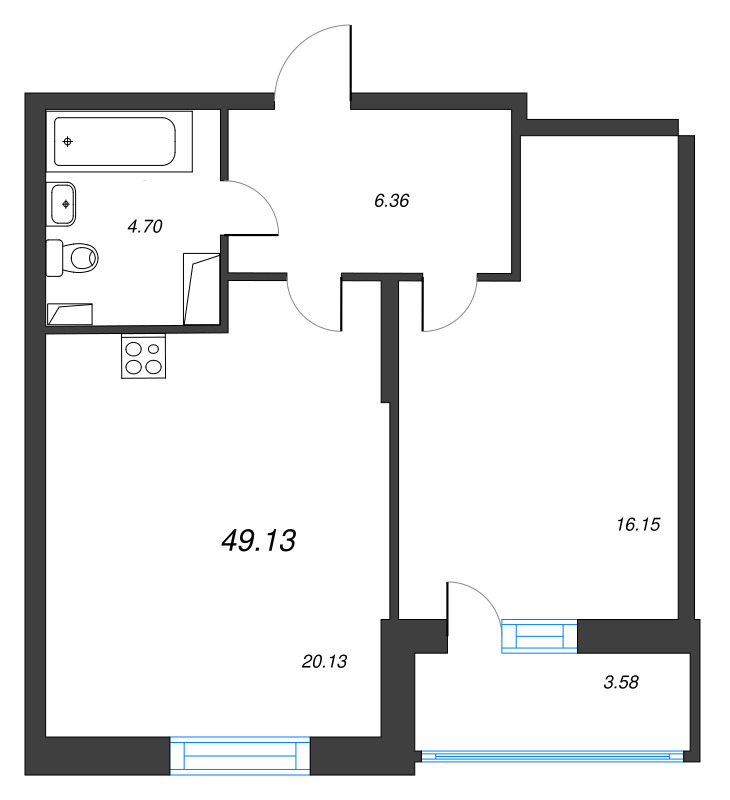 2-комнатная (Евро) квартира, 49.13 м² - планировка, фото №1
