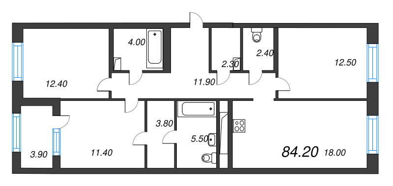 4-комнатная (Евро) квартира, 84.2 м² в ЖК "Струны" - планировка, фото №1