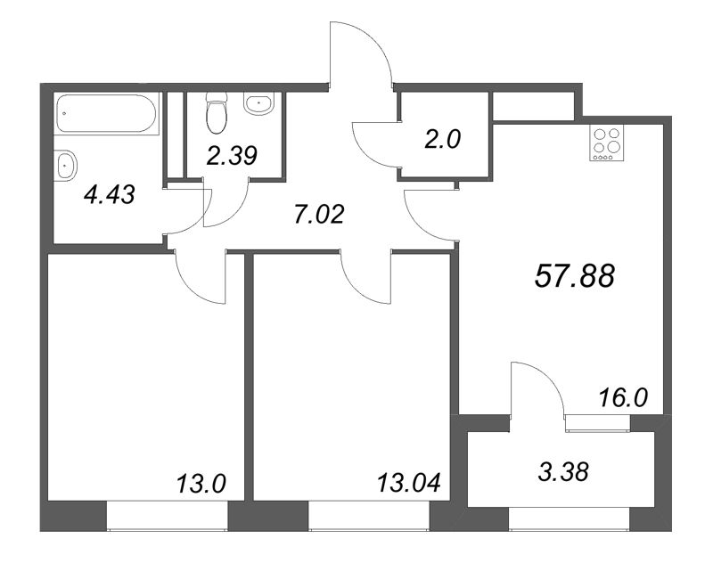 3-комнатная (Евро) квартира, 57.88 м² в ЖК "Дом на Курской" - планировка, фото №1
