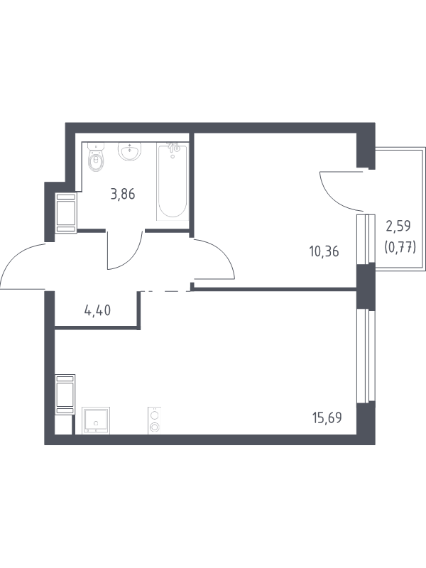 2-комнатная (Евро) квартира, 35.08 м² в ЖК "Квартал Торики" - планировка, фото №1
