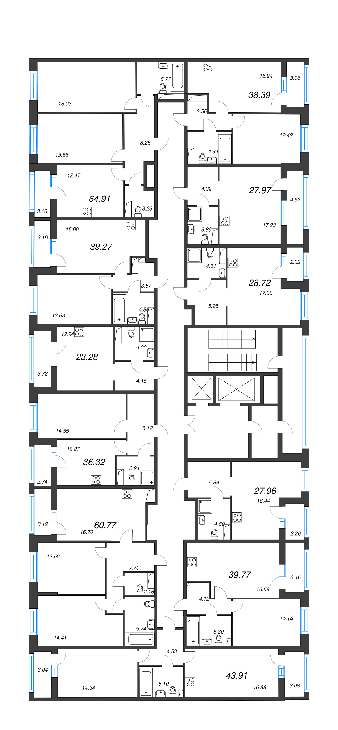 2-комнатная (Евро) квартира, 39.77 м² - планировка этажа