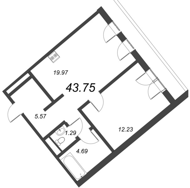 2-комнатная (Евро) квартира, 44.4 м² - планировка, фото №1