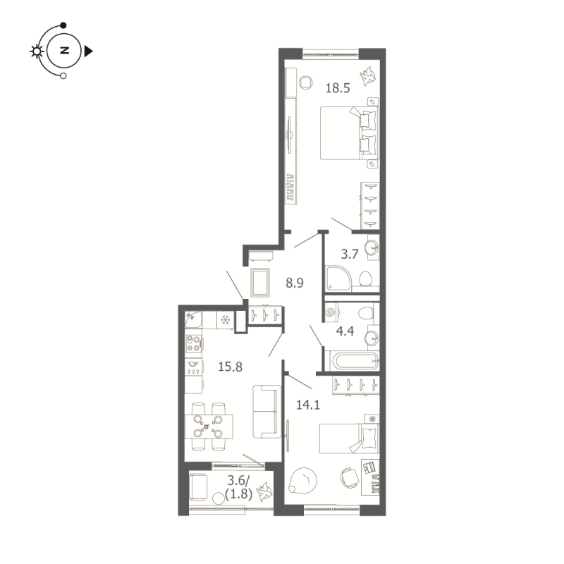 3-комнатная (Евро) квартира, 67.2 м² - планировка, фото №1